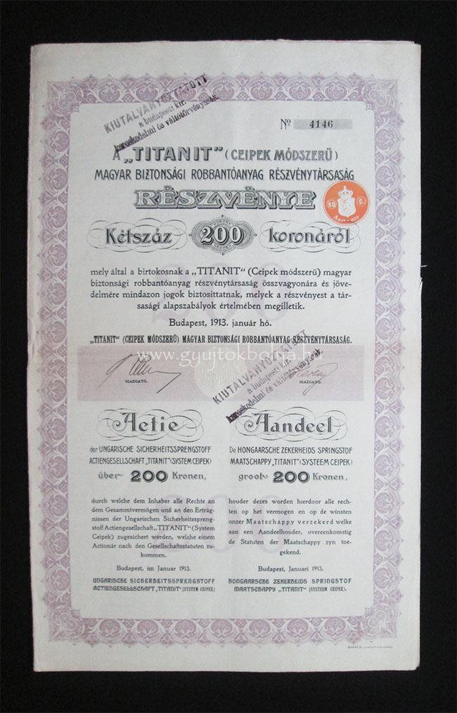 TITANIT Biztonsági Robbantóanyag részvény 200 korona 1913